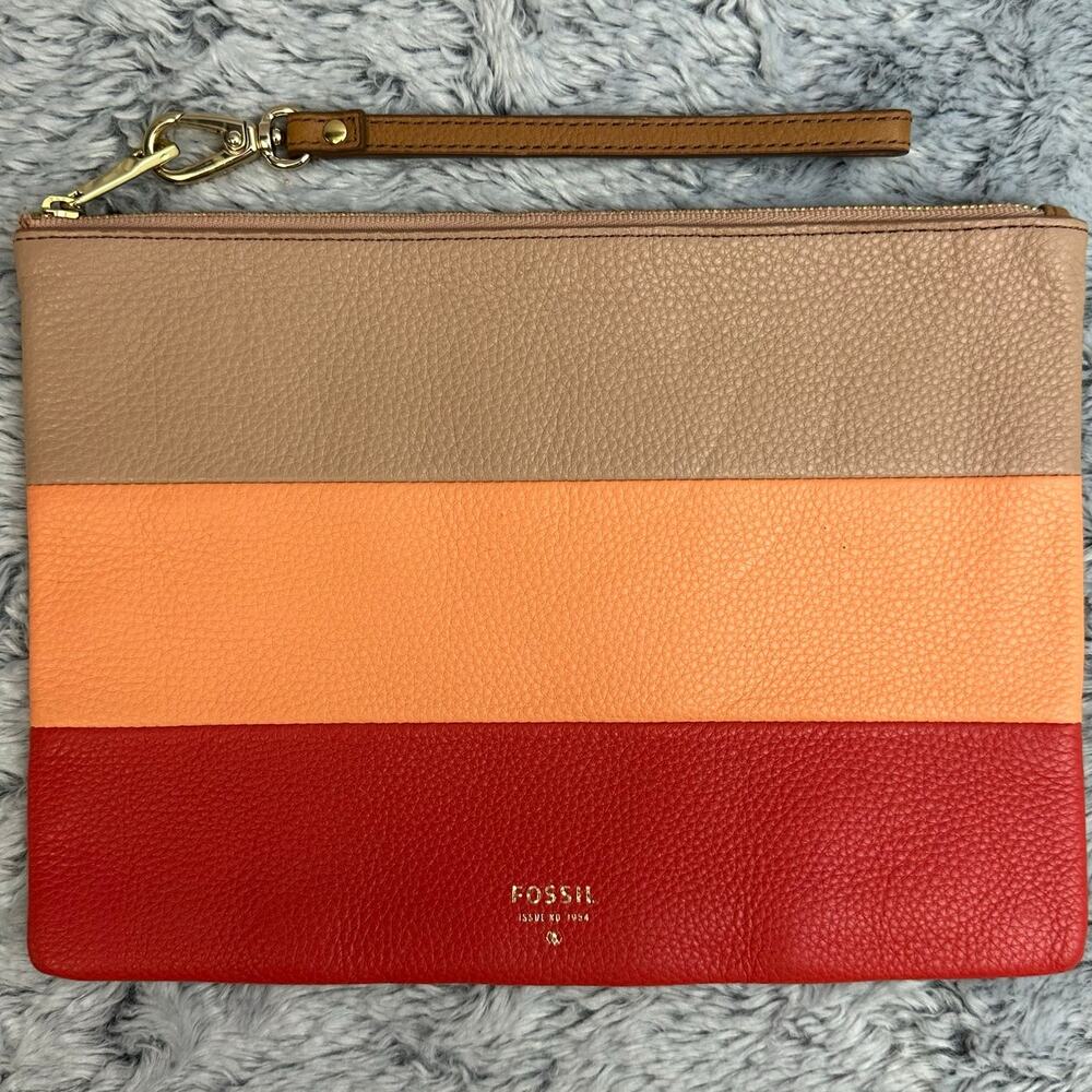 Fossil Large Multicolor Wristlet Striped Tan Orange Red Cowhide Leather 10x7